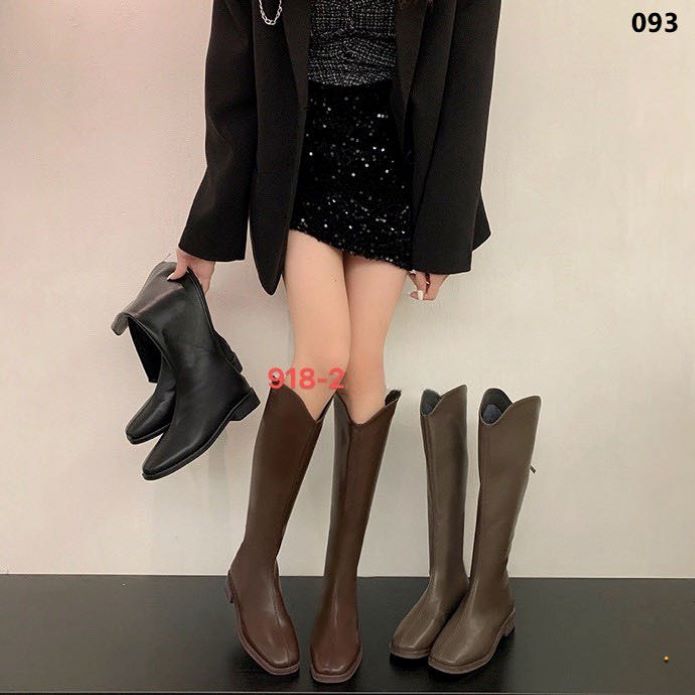 Plain Flat Long Knee Boot Back Chain Leather Wrinkle Free Inside Fur Round Toe Winter Boots For Women 918-2