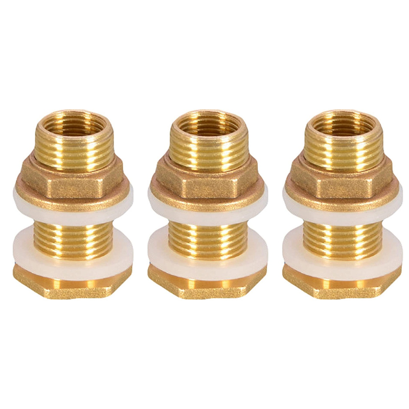 Solid Brass Bulkhead Fitting, 3 Sets 3/8 Inch Female 1/2 Inch Male Solid Brass Water Tank Connector Threaded with Ring