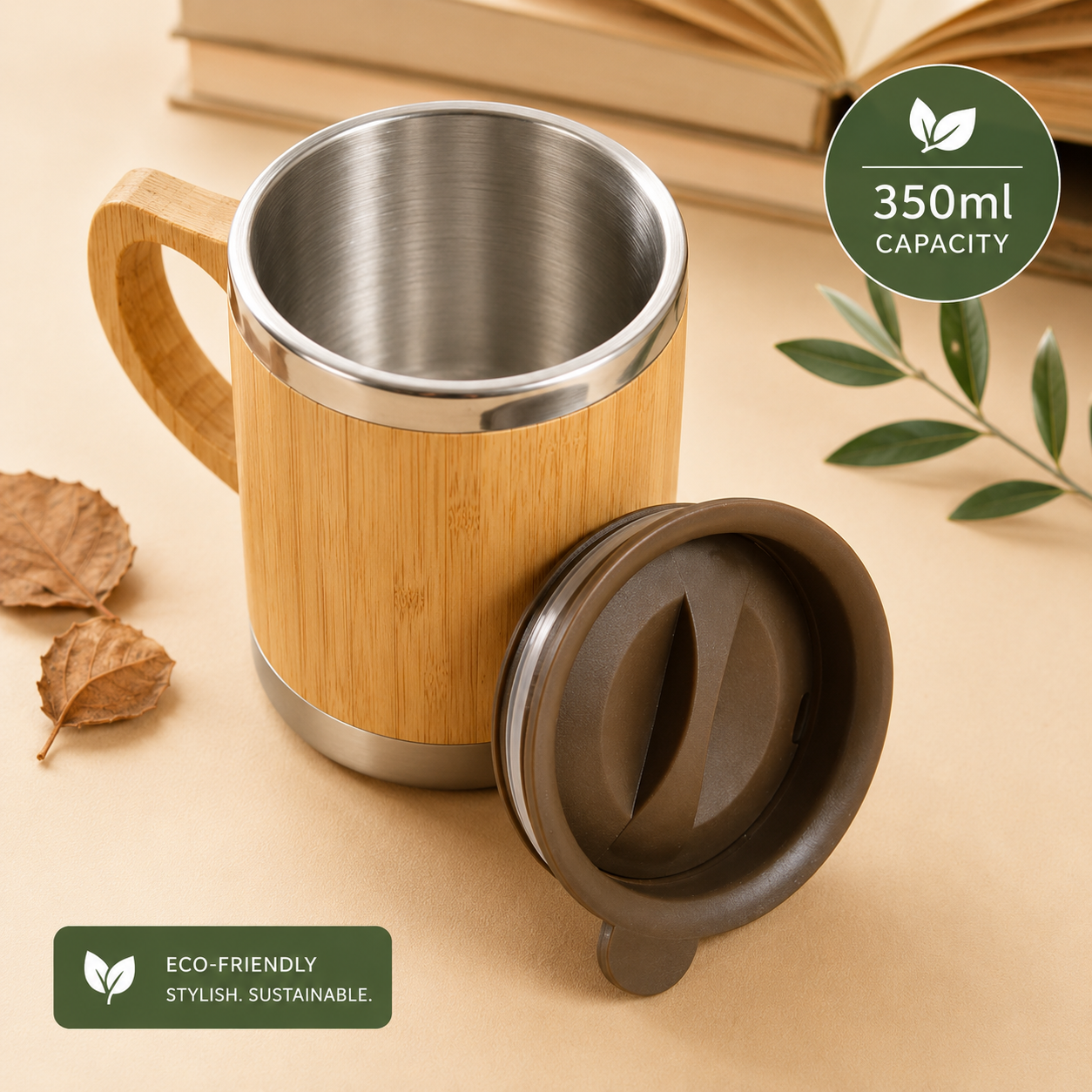 Coffee Mug, Stainless Steel Bamboo Travel Mug with Handle, Bamboo Insulated Water Bottle, Wooden Coffee Tea Mug for Home Office