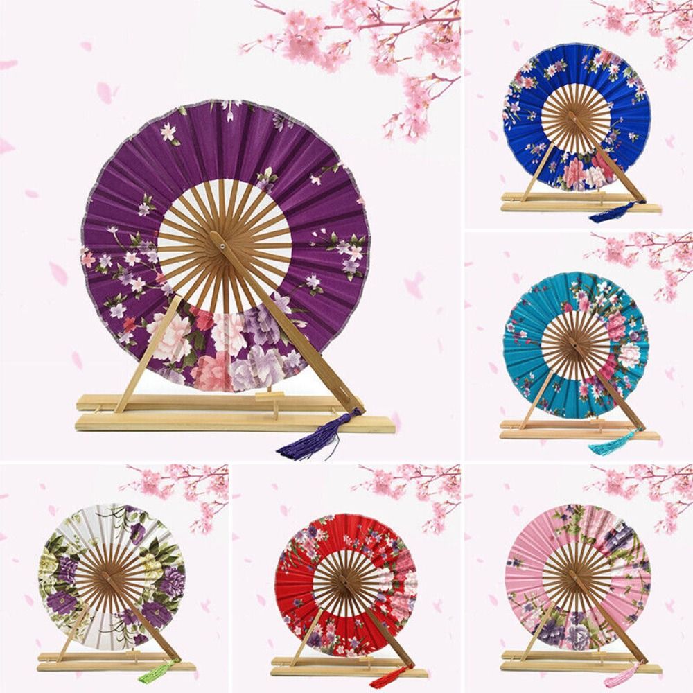New Japanese Circle Folding Fan Vintage Bamboo Round Hand Fan Art Craft Portable Floral Dance Fan Women