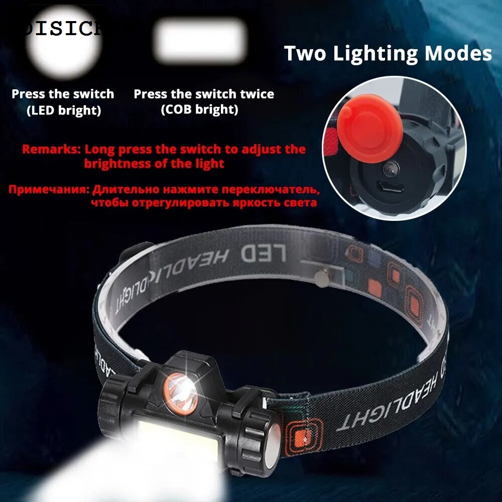 DISICHEN 【2025 Version】 Rechargeable Fishing LED Headlamp Camping Headlight XPE COB Work Light 2 Lighting Modes With Tail Magnet Detachable
