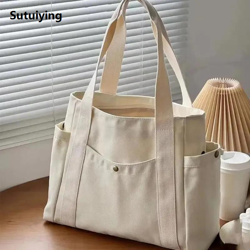 Sutuiying new 2024 Canvas Women's Bag Large Capacity Multiple Outer 2025 Pocket Zipper Shoulder Bag Student Handbag Shopping
