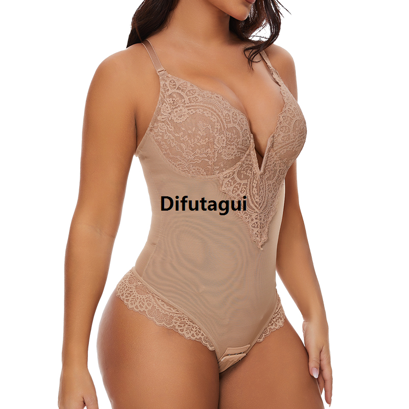 Difutagui Lace Mesh Shapewear Bodysuit for Women Tummy Control Fifty percent discount V Neck Body Shaper Fajas Thongs Bustier