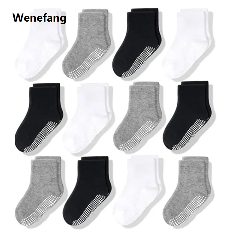 Wenefang 12 Pairs/Lot Non Slip Toddler Socks with Grip for Boys Girls Baby Infants Kids Anti Skid Cotton Crew Socks 1-7Years
