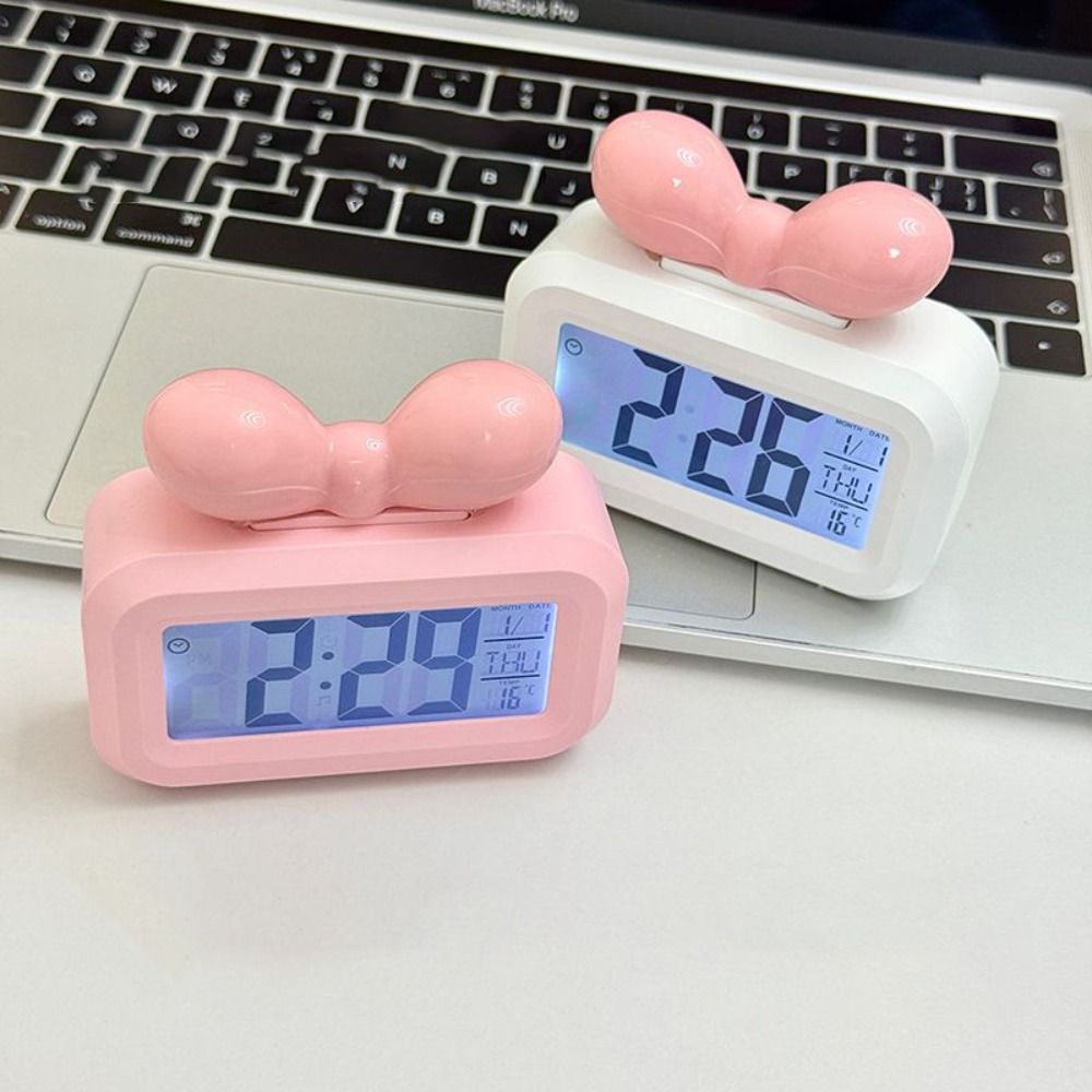 Cute Bowknot LED Digital Clock Temperature Detection Mini Alarm Clock with Night Light Multifunctional Desktop Clock Bedside Decoration