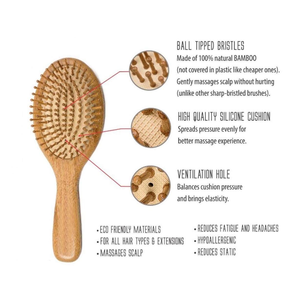 Premium Natural Bamboo Paddle Hair Brush