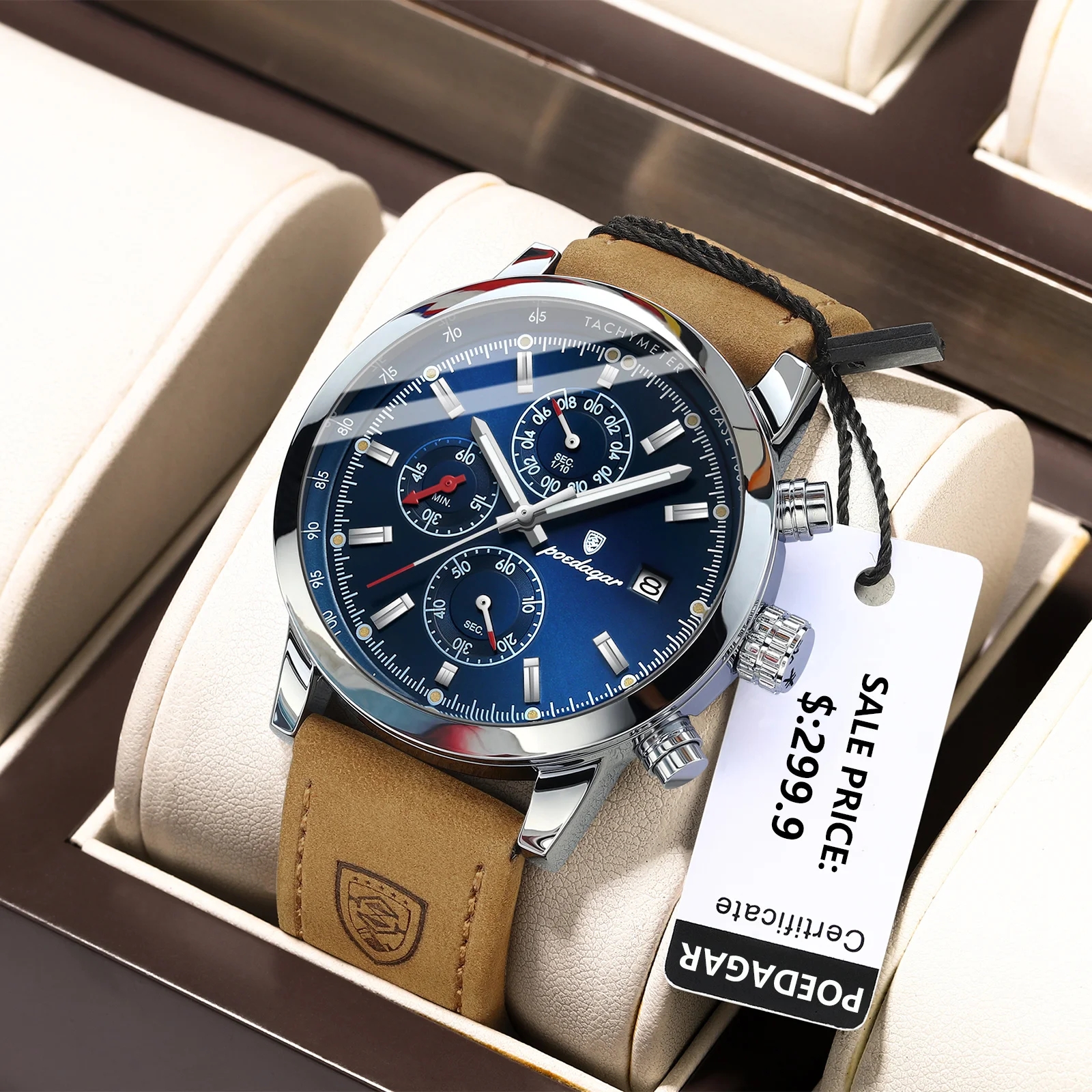 POEDAGAR brand fashionable waterproof night light date week quartz men's watch