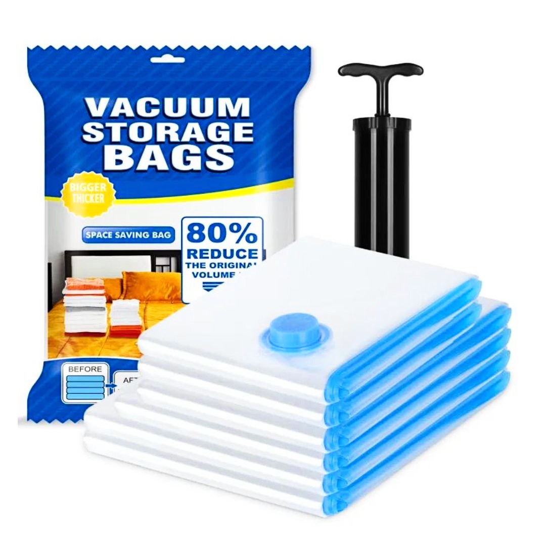Pack of 5 Reusable Ziplock Vacuum Storage Space Saver Bags with Travel Hand Pump for Clothes
