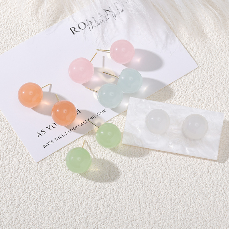 【Good sharing!】Japanese and Korean Style Sweet and Fresh Candy Color Ball Silver Pin Earrings Women's Spring and Summer Simple Style Earrings Dopamine Color Earrings