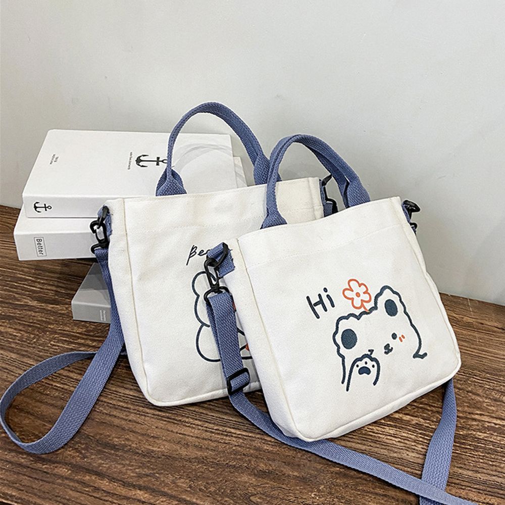 Zipper Canvas Cartoon Bear Print Messenger Bag Handbags Women Tote Shoulder Bags