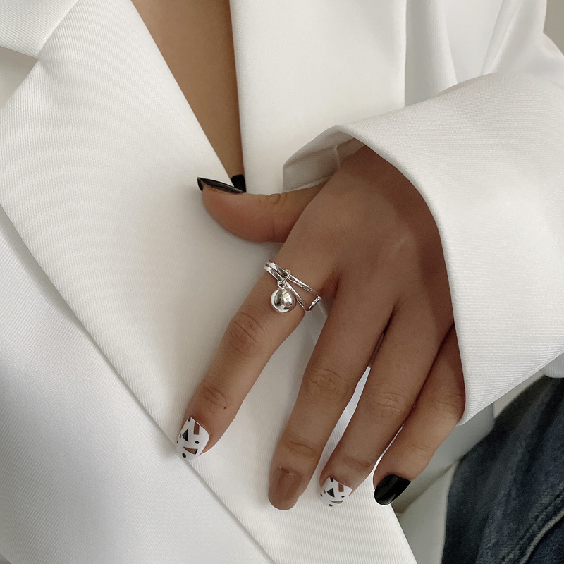 Sale】Simple Ball Ring Women's Retro Fashion Silver Double-Layer Ring Elegant Ins Artistic Food Finger Trendy