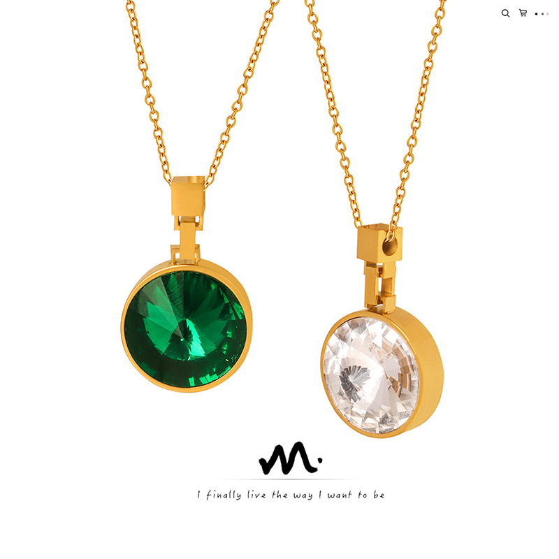 【Must-have】Vintage round color contrast metal large glass stone material green white pendant color optional necklace titanium steel jewelry women