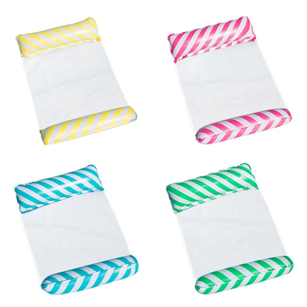 Portable Foldable Water Hammock Floating with Net Backrest Lounge Chair Striped Inflatable Water Bed Pool Party Toy