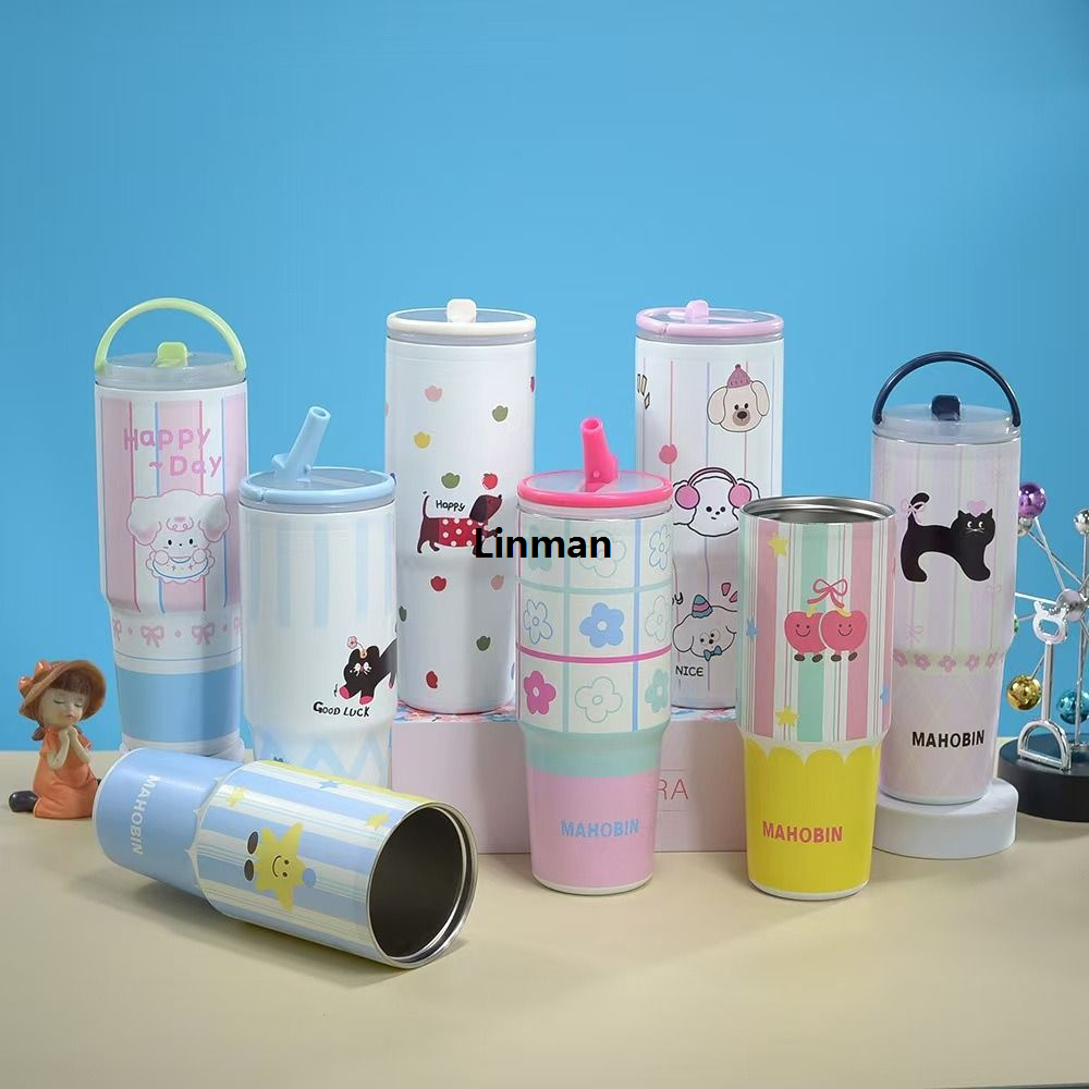 Linman Cute Stainless Steel Cold Drink Tumbler Portable with Drinking Straw TherAffordable mo Water Bottle Leak Proof 900ML Large Capacity Insulated Cup Sport Travel