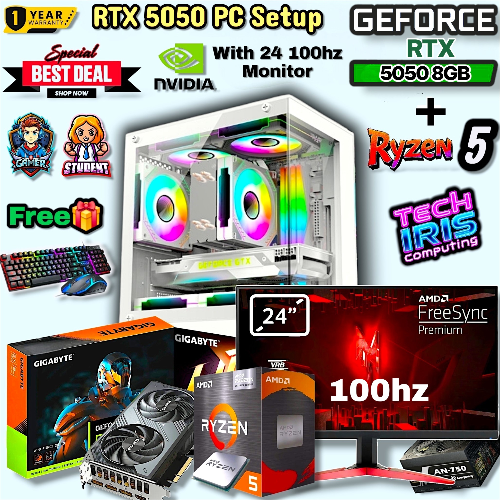 RTX 5050 8GB Graphics Card Embedded Gaming PC Full Setup With Ryzen 5 5500/ 24" 100hz Monitor/ 16GB 3200Mhz RAM, 750Watt 80+Bronze PSU Performance Desktop