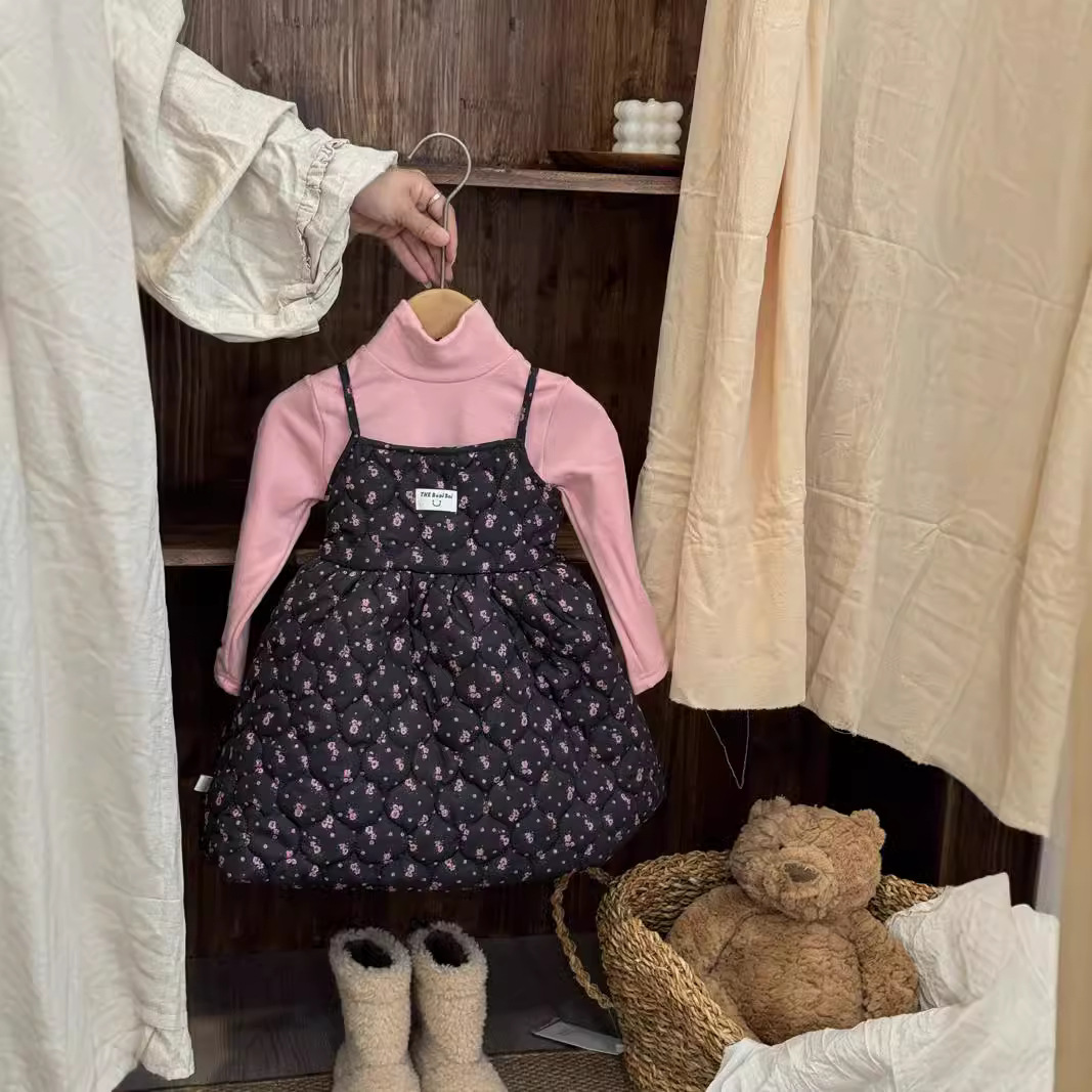 Autumn and winter new children's clothing, Korean version of girls' floral padded dress, children's thickened princess dress, slip cotton skirt