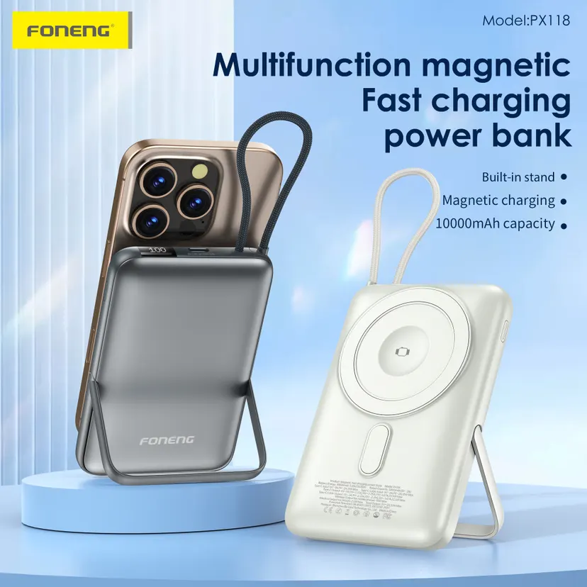 FONENG PX118 10000MAH Magnetic Wireless Power Bank - 22.5W Fast Charging Portable Power Bank with Built-in Cable & Foldable Stand - 2025 New Wireless Charger for Smartphones