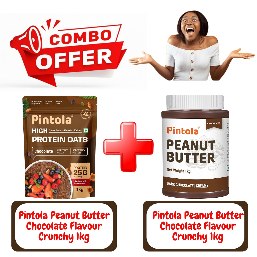 Combo Offer Of Pintola Dark Chocolate High Protein Oats 1kg + Pintola Dark Chocolate Peanut Butter Creamy 1kg | Gluten Free, High Fiber & Protein, No Refined Sugar | Pintola | Pintola Oats | Pintola Peanut Butter | Oats Pintola | Peanut Butter Pintola