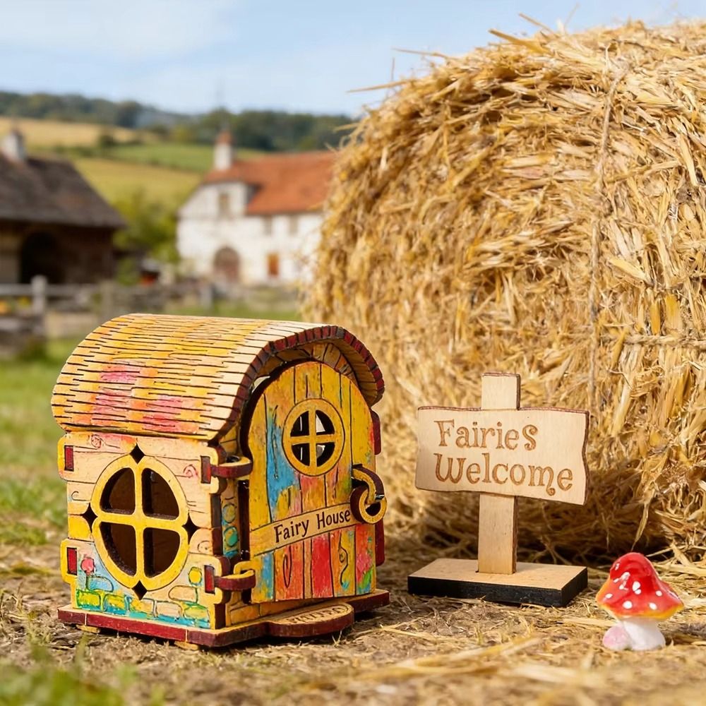 Mini Figurines Wooden Material Wooden Fairy House Kit DIY Kit Mini Size Wooden Doll House Graffiti Design Handmade Craft DIY Assembled House Baby Gift