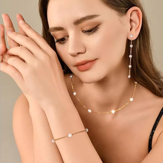 Gold Pearl Necklaces Earrings Bracelet for Prom Gold Pearl Jewelry Set Pearls Necklace Earrings Set Wedding Jewelry Sets for Bride Choker Necklace Wedding Jewelry Gift