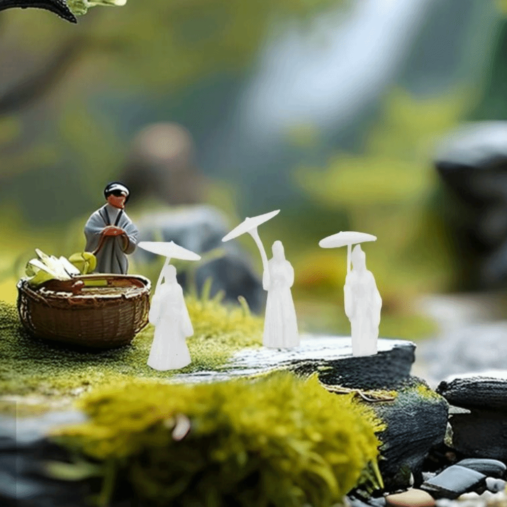 3pcs Fish Decor Resin Ancient Umbrella Girl Figurines Chinese Style Classical Girl Statue Waterproof Garden Sculptures Bedroom