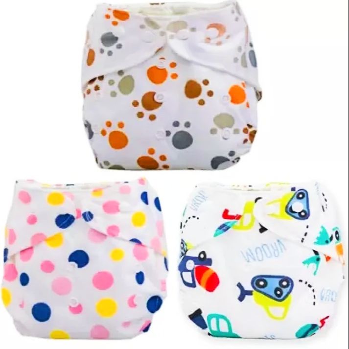 3 Pieces Washable Baby Diaper Premium Cloth Reusable, Adjustable Size, Waterproof, Pocket Clothes Nappies