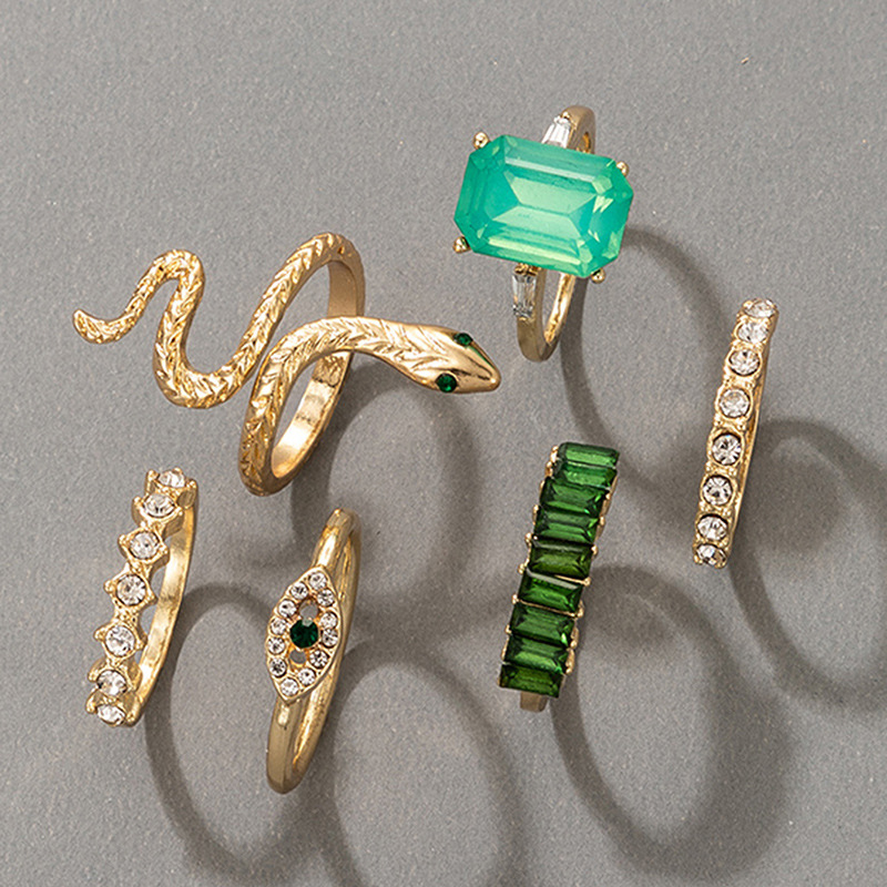 6pcs/set Luxury Green Rhinestone Snake Rings for Women Vintage Crystal Jewelry Queena