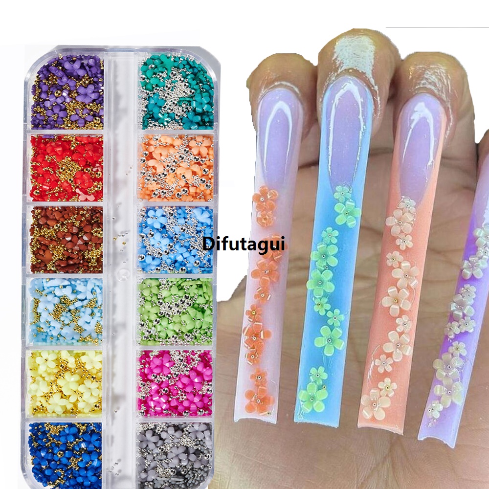 Difutagui Flower Nail Charms, 1 Box 12Grids Acrylic Flower Nail Art Rhinestones New with Gold Silver Pearl Bead Spring Blossom Petal