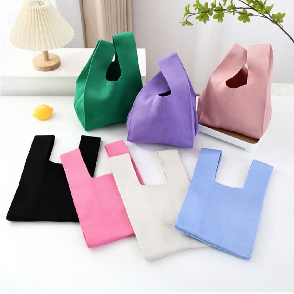 Casual Knitted Knot Wrist Bag Handmade Large Capacity Handbag Reusable Solid Color Tote Bag Women Girls