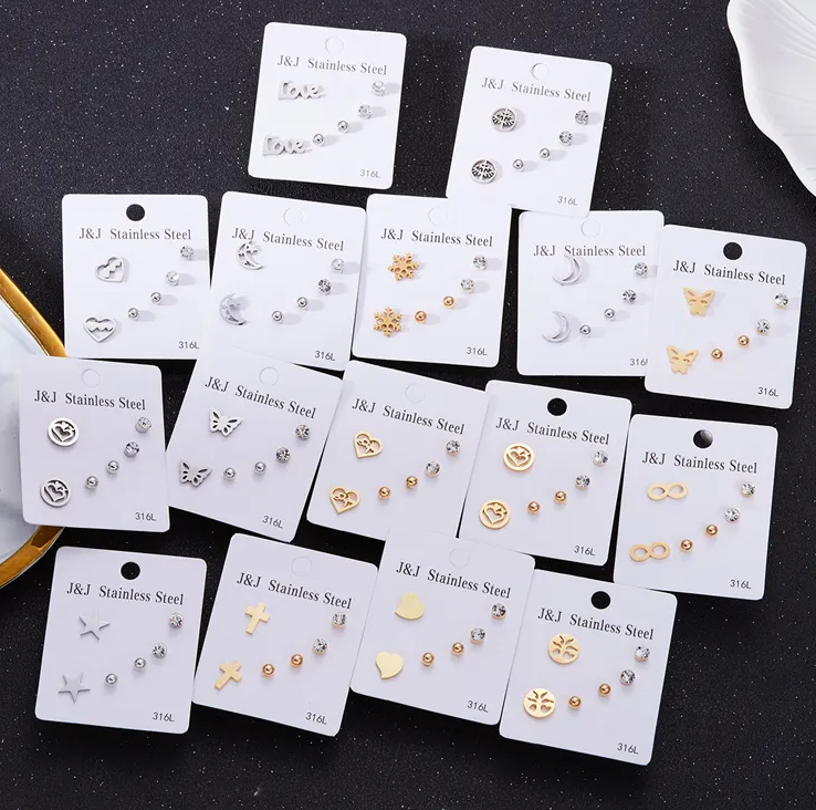 3 Pair/Set Of Stainless Steel Simple Rhinestone Stud Earrings Geometric Earring For Women In Different Design (Best Gift Ever)