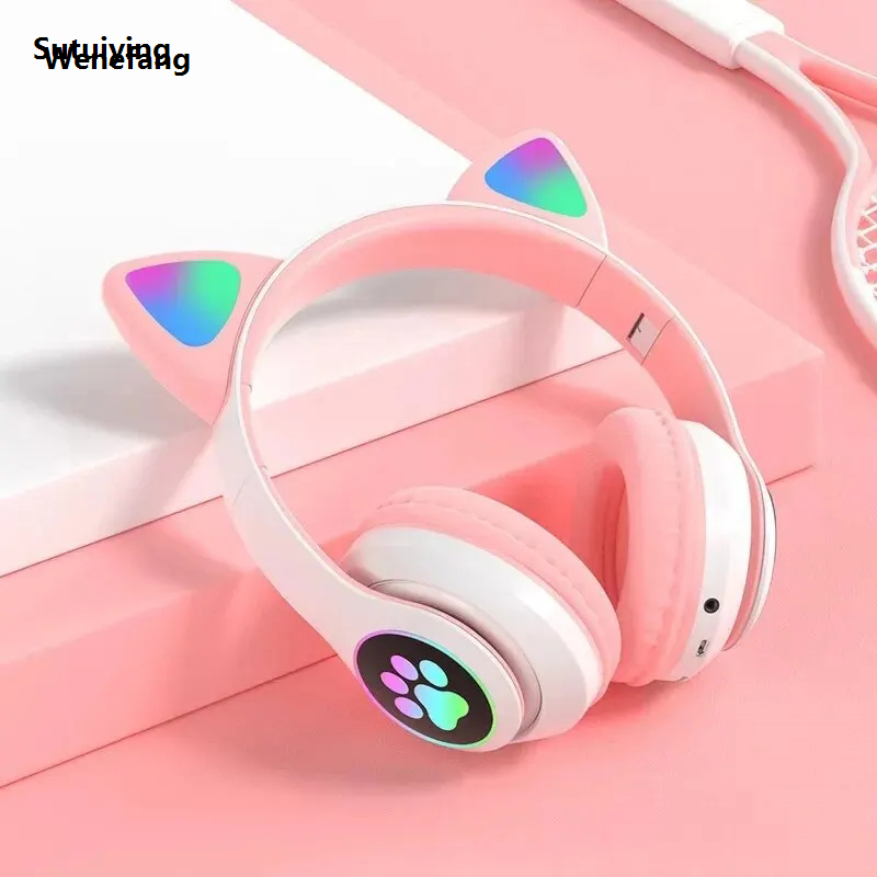 Wenefang Sutuiying 2025 Flash Light Wireless Headphone Cute Cat Ears Fone with Mic New New style Control LED Stereo Music Helmet Phone Bluetooth Headset Gift
