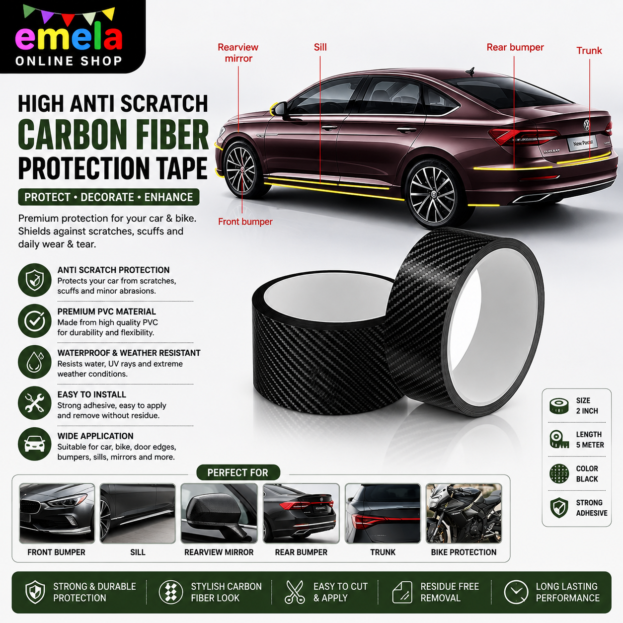 High Anti Scratch White Carbon Fiber Polyvinyl Chloride Paint Protection Film Tape Ppf for Car N BIKE Protection and Decoration for All Car Door - (Black) (2 Inches X 5 Meters))