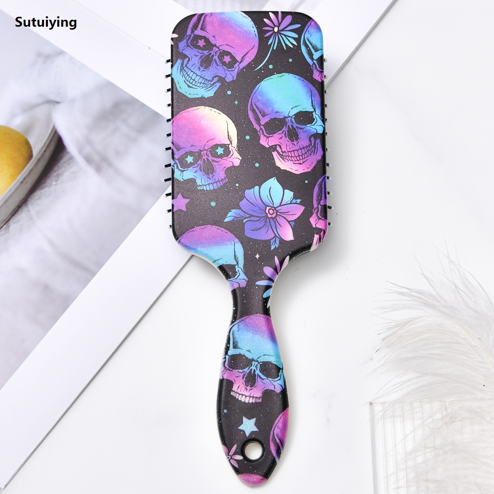 Sutuiying Skull Pattern Paddle Hair Brush with Comfortable Air Cushion and Plastic Bristles for Scalp Massage - ABS Handle, Detangling Com