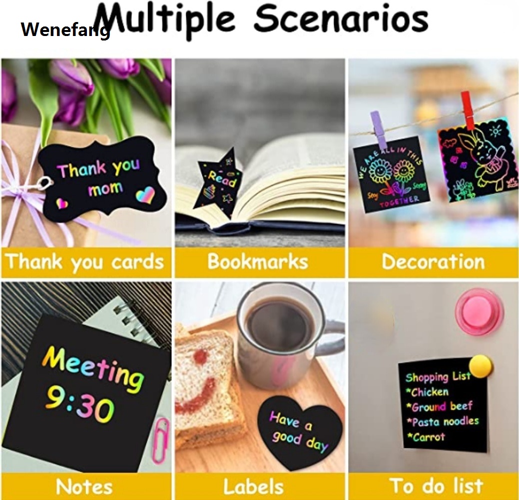 Wenefang 100pcs Montessori Rainbow Scratch Mini Notes Paper Pad Cards with Drawing Stencil Children Kids Draw Painting Toys Craft Gift