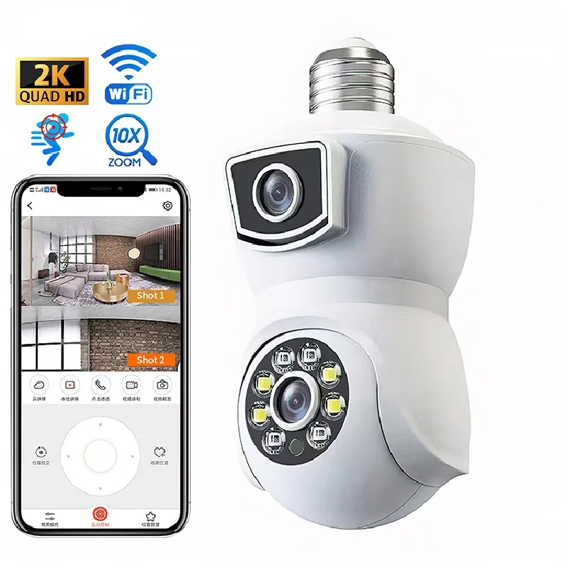 Dual Lens Dual Screen E27 Bulb Camera Two Ways Audio Color Night Vision Smart Home Security Wireless WIFI Indoor Camera