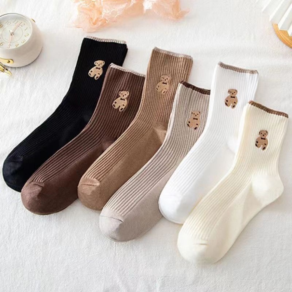 5 Pairs New Bear Embroidery Medium Tube Socks Keep Warm Knitted Snow Boot Socks Gift Solid Color Women Socks Winter