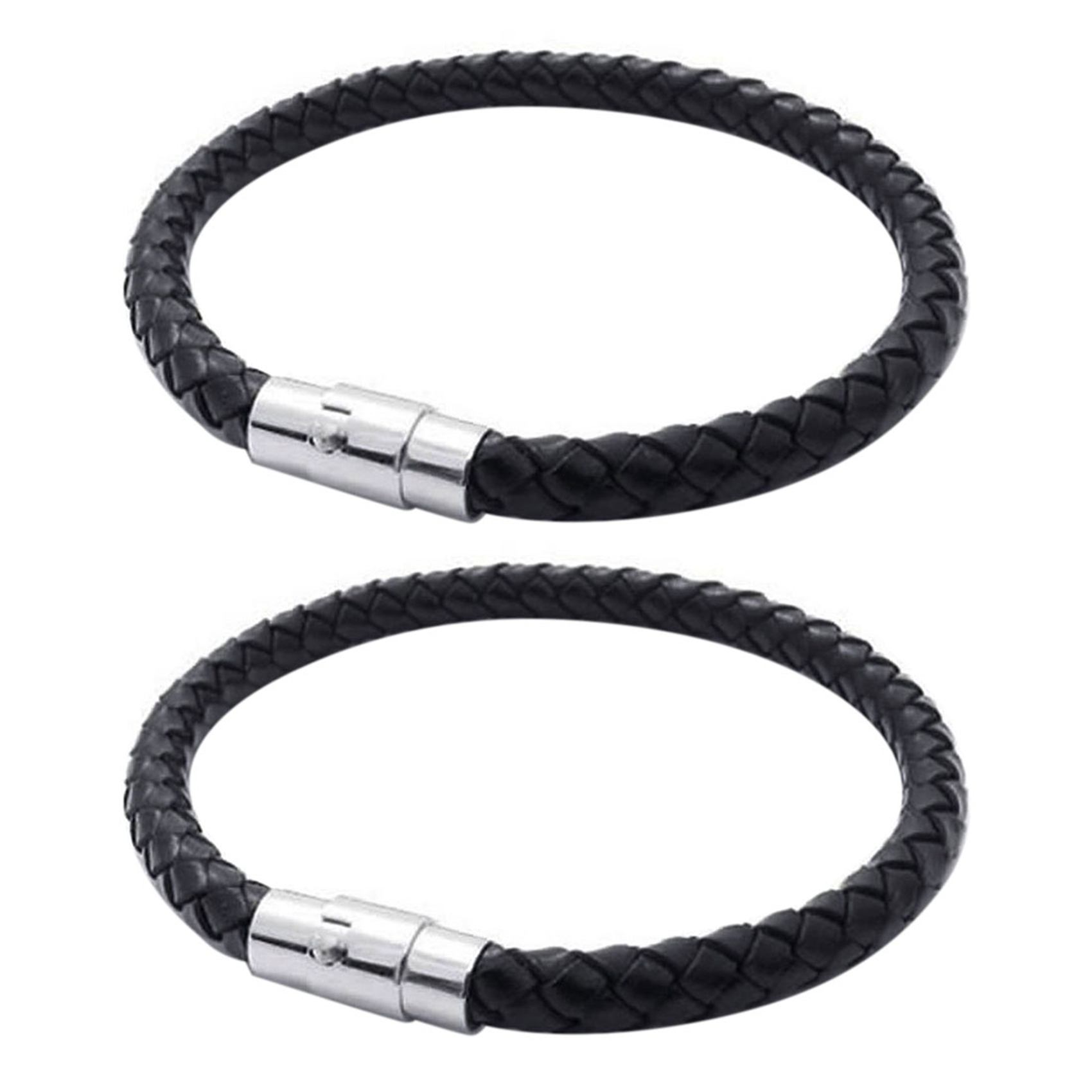 fasdaga 2X Stainless Steel Leather Bracelet, Braided Leather Bracelet, for Men Women, Black - Width 6mm - Length 19cm