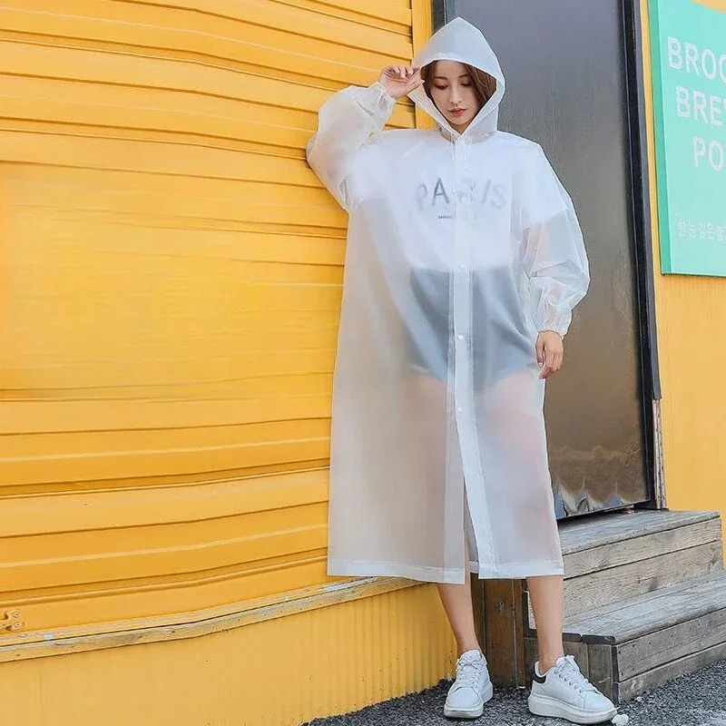 EVA Waterproof Reusable Transparent Front Buttoned Hooded Multicolor Raincoat