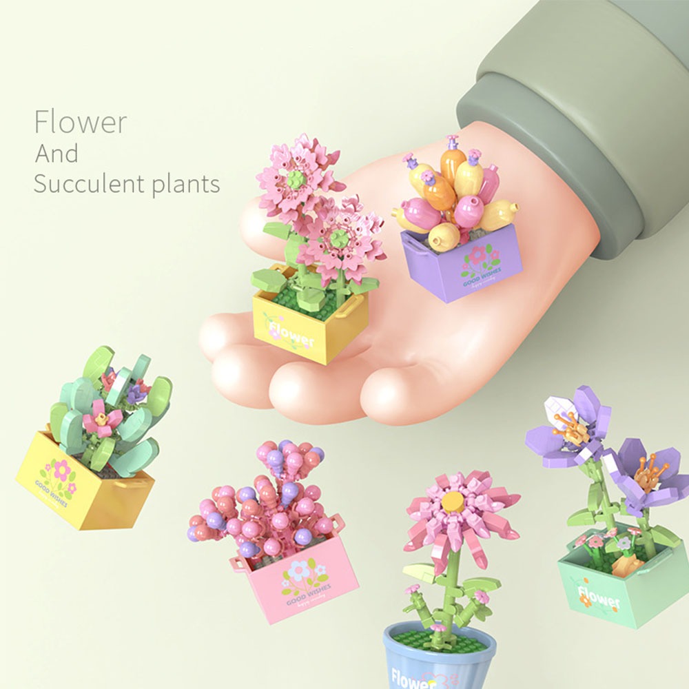 Gifts DIY Flower Potted Building Block Home Desk Plant Decor Educational Toys Eternal Bouquet Toy Girl Brick Children Toy Succulent Building Block Set For Adults