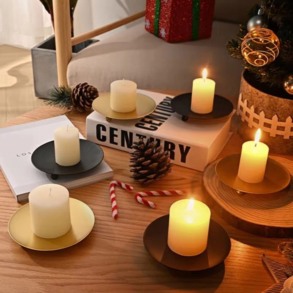 1Pc Vintage Tray Base Candle Holders Iron Black Golden Color Decorative Candlestick Round Shape Candle Stand Home Decor