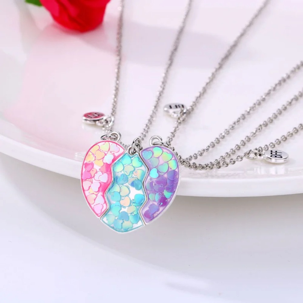 3Pcs New Friendship Matching Heart Pendant Necklace Friendship Jewelry Alloy Cartoon Dripping Heart Necklace Cute BFF Necklaces