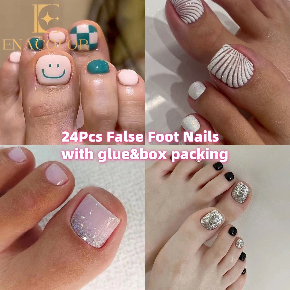 24Pcs Box Packing Fake Foot Nails with Glue DIY Art Design False Nails Wearable Nails Stylish Pattern toenail Artificial Nails