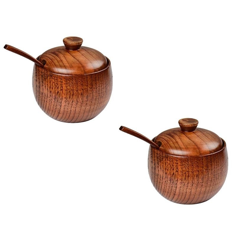 2 Pcs Salt Container Salt Bowl Seasoning Box Kitchen Tool With Wooden Lid And Spoon Nordic Concise Style