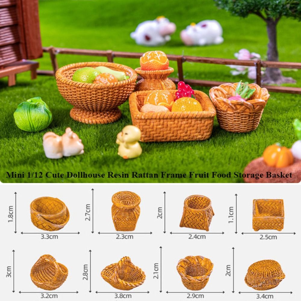 2pcs New Mini 1/12 Dollhouse Rattan Frame Cute Hand-woven Fruit Vegetable Food Storage Basket 10 Styles Resin Dolls Miniature Decoration