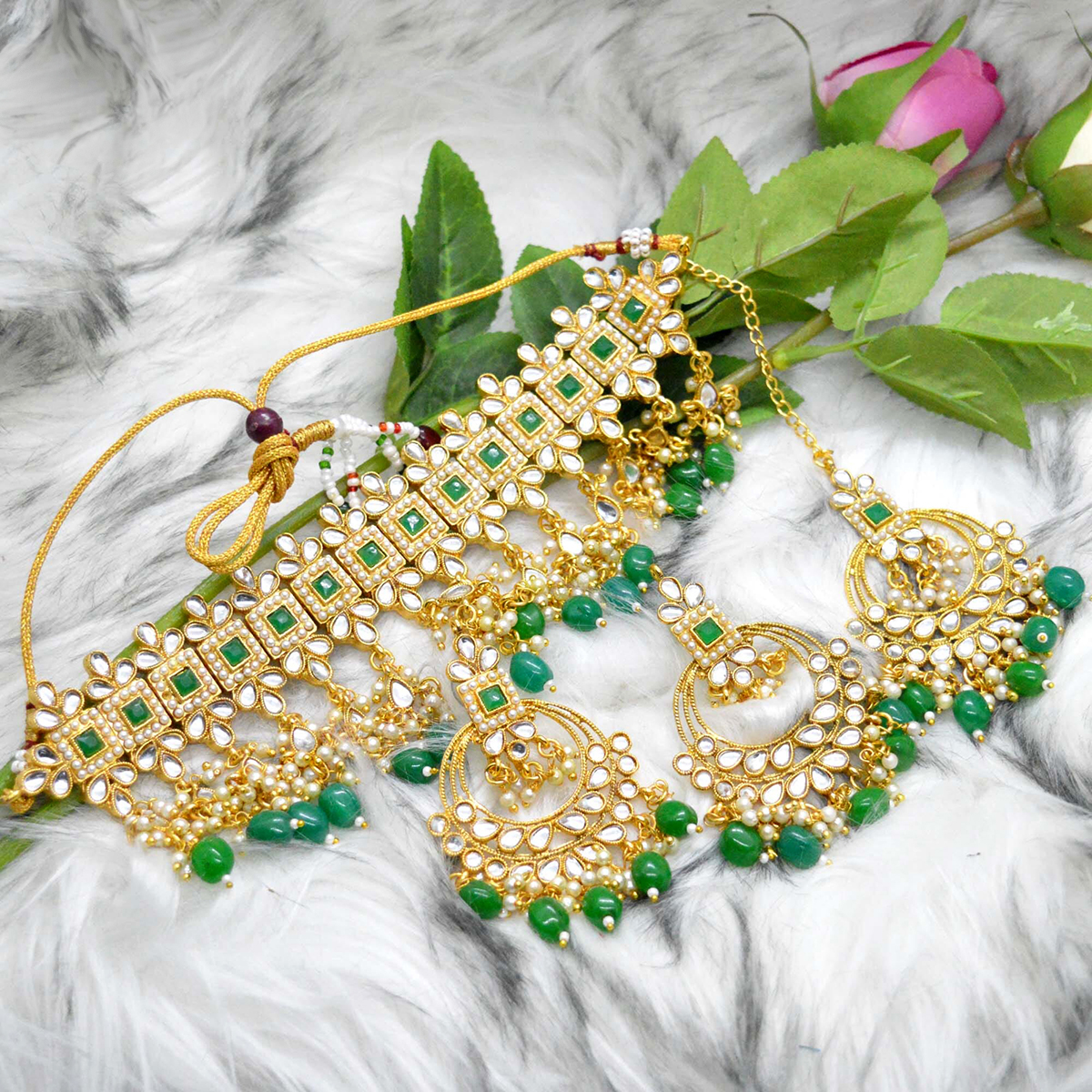 Faux Moti & Beads Beaded Adjustable Choker Set With Earrings & Maangtika by Jewels of Nepal