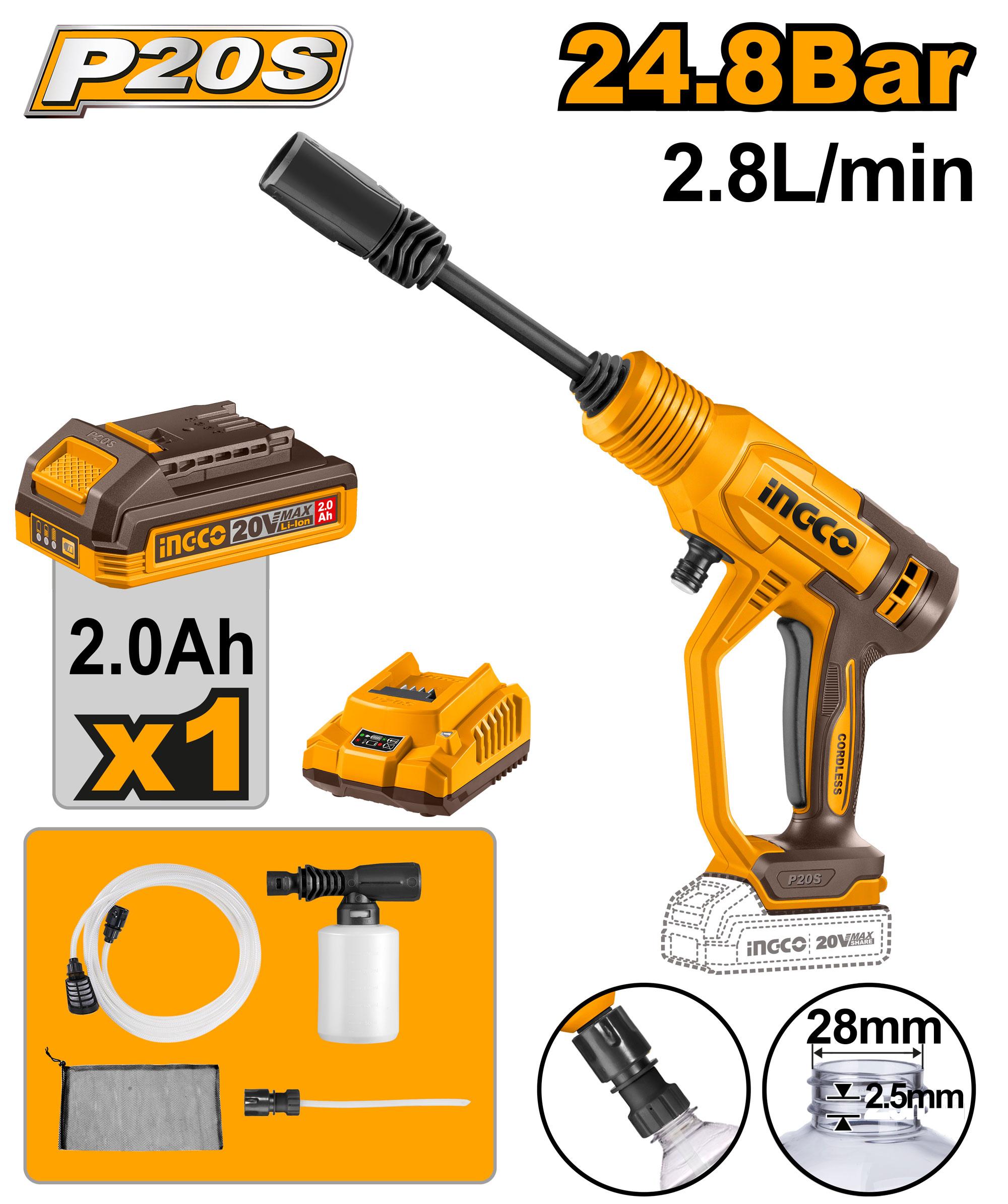 Ingco 20V Cordless High Pressure Washer Cpwli20362 Auto Stop System