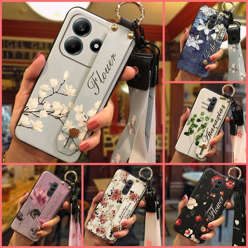 Shockproof Durable Phone Case For Redmi A4 5G Fashion Design protective Wristband ring Wrist Strap Flower Silicone