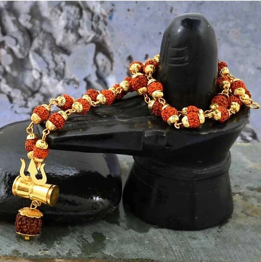 Spiritual Lord Shiv Shakti Kavach Panchmukhi Rudraksha Mala (30-35Bead) With Damru and Trishul Pendant for Men and Women - Base