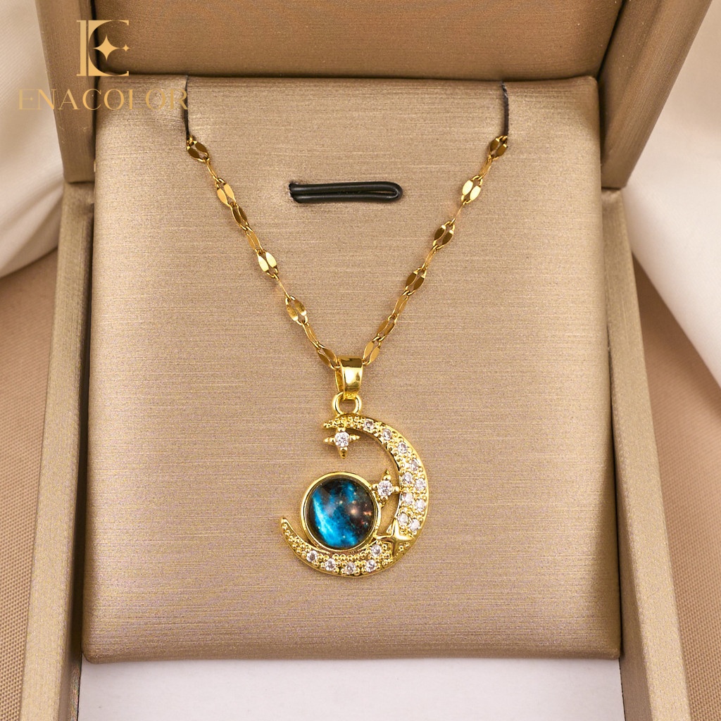 Enacolor Exquisite Crystal Women Blue Sky Moon Star Necklace Pendant Gold Metal Collarbone Chain Jewelry