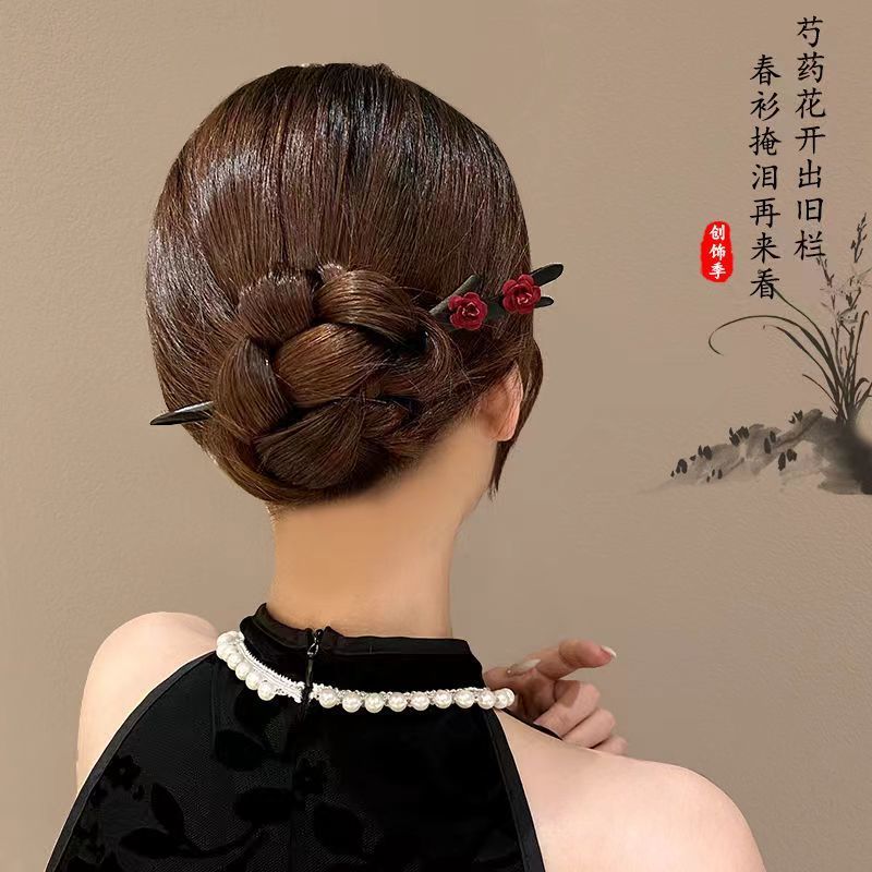 Rose Hairpin Ancient Style National Style Wooden High-end Hairpin Chinese Style Hairpin Rose Flower Hairpin Simple Modern Horse Face Skirt